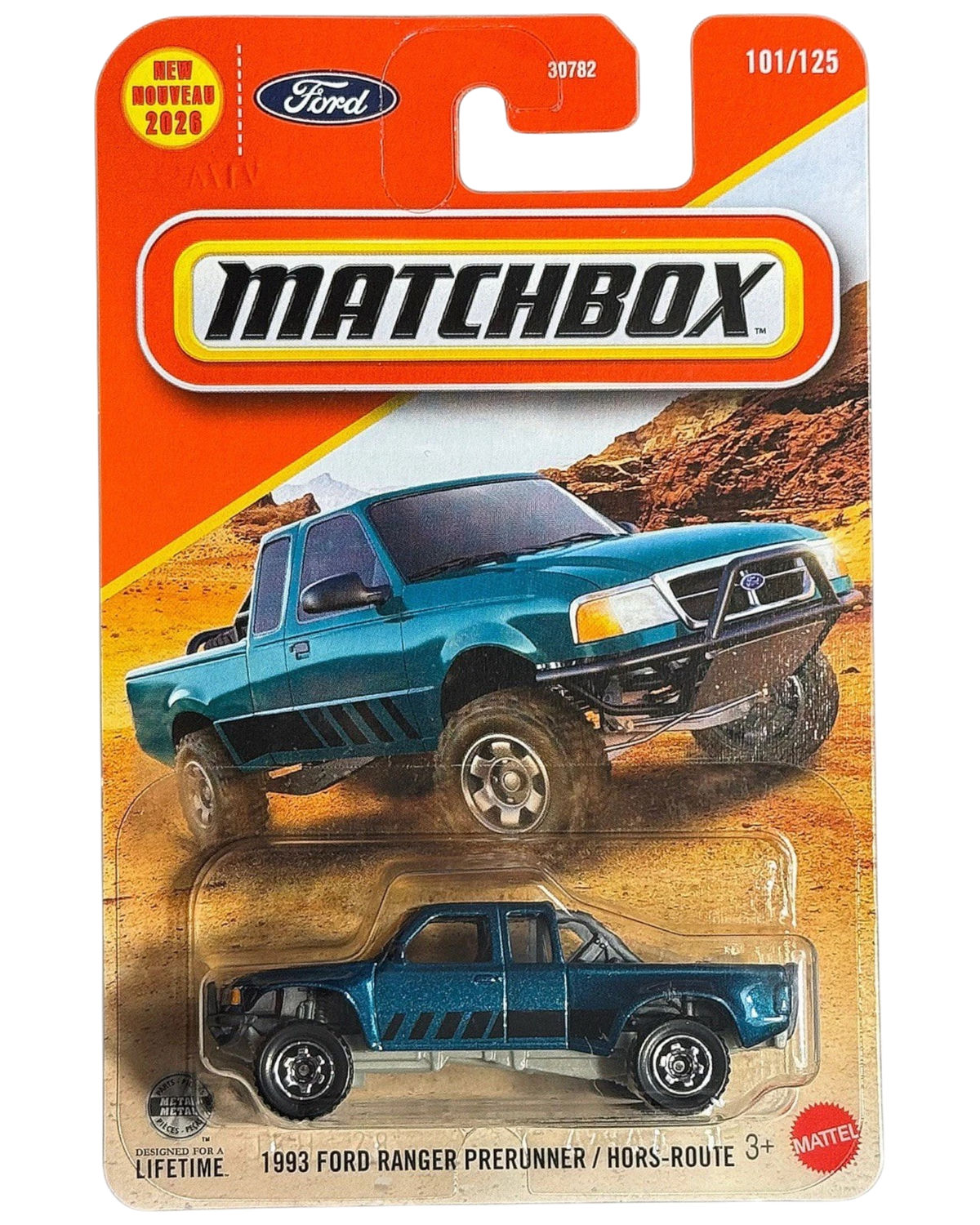 More Than Diecast 1993 Ford Ranger Prerunner in blue metallic, a 1:64 scale Matchbox die-cast truck in blister pack.