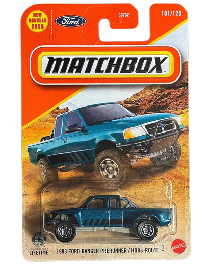 More Than Diecast 1993 Ford Ranger Prerunner in blue metallic, a 1:64 scale Matchbox die-cast truck in blister pack.
