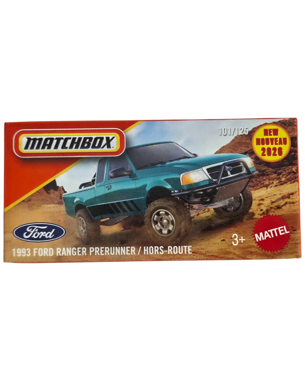 More Than Diecast 1993 Ford Ranger Prerunner 1:64 scale die-cast truck in teal, featured on MBX Adventure packaging.