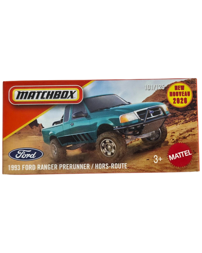 More Than Diecast 1993 Ford Ranger Prerunner 1:64 scale die-cast truck in teal, featured on MBX Adventure packaging.