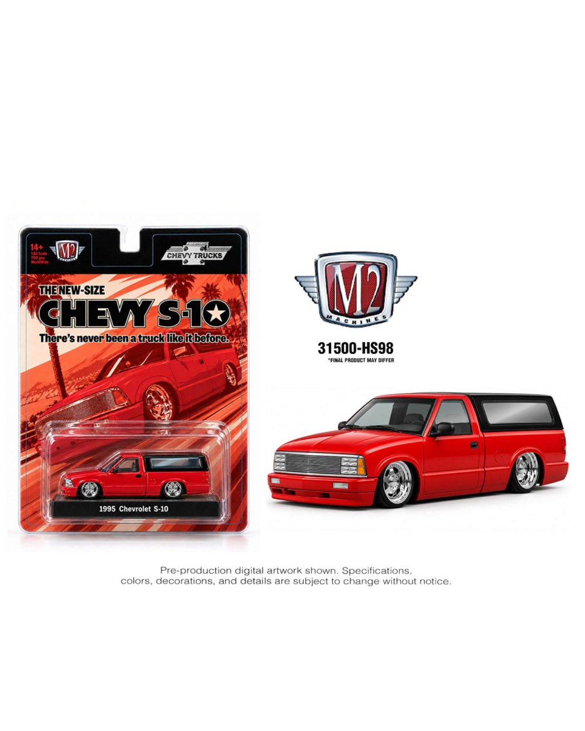 More Than Diecast 1:64 scale 1995 Chevrolet S10 pickup truck in red with a black camper shell, Hobby Exclusive.