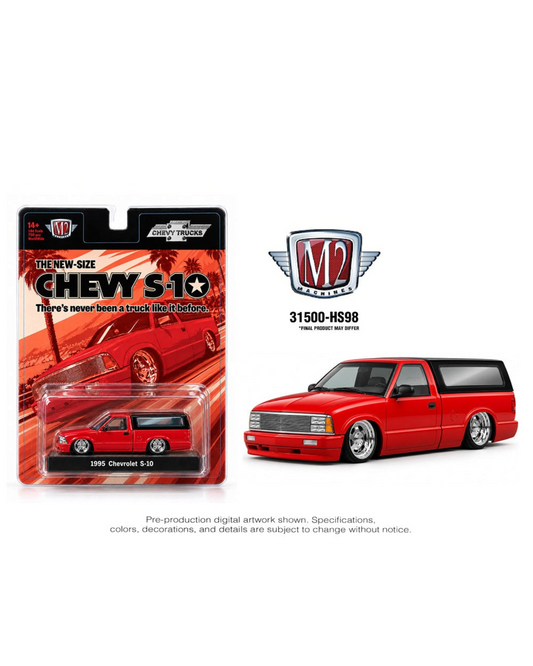 More Than Diecast 1:64 scale 1995 Chevrolet S10 pickup truck in red with a black camper shell, Hobby Exclusive.