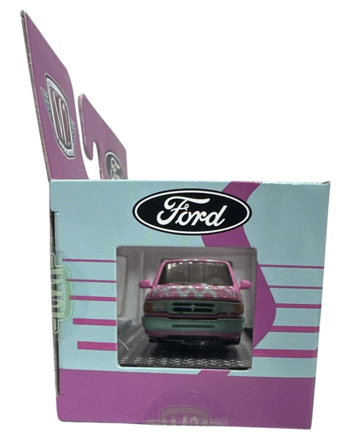 More Than Diecast 1:64 scale 1995 Ford Ranger in pink and blue two-tone livery inside its collectible display box