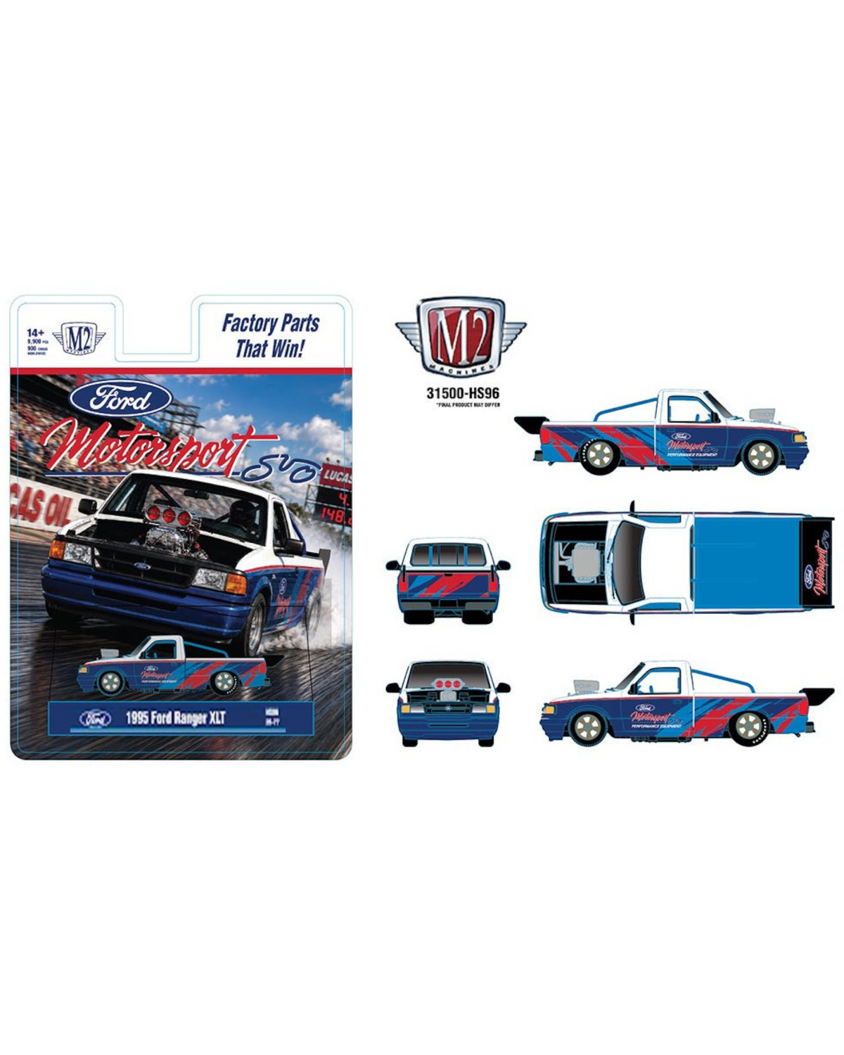 More Than Diecast M2 Machines 1:64 1995 Ford Ranger XLT diecast truck in blue and white with Ford Motorsport livery.