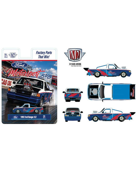 More Than Diecast M2 Machines 1:64 1995 Ford Ranger XLT diecast truck in blue and white with Ford Motorsport livery.