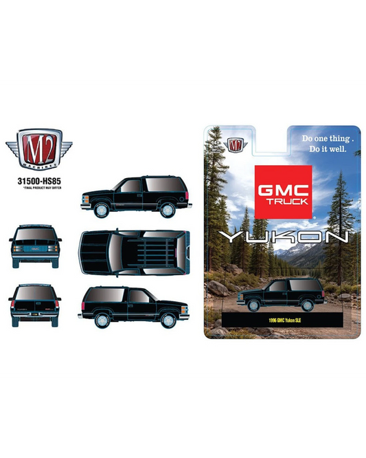 More Than Diecast 1:64 scale black 1996 GMC Yukon SLE die-cast model with detailed interior and exterior.