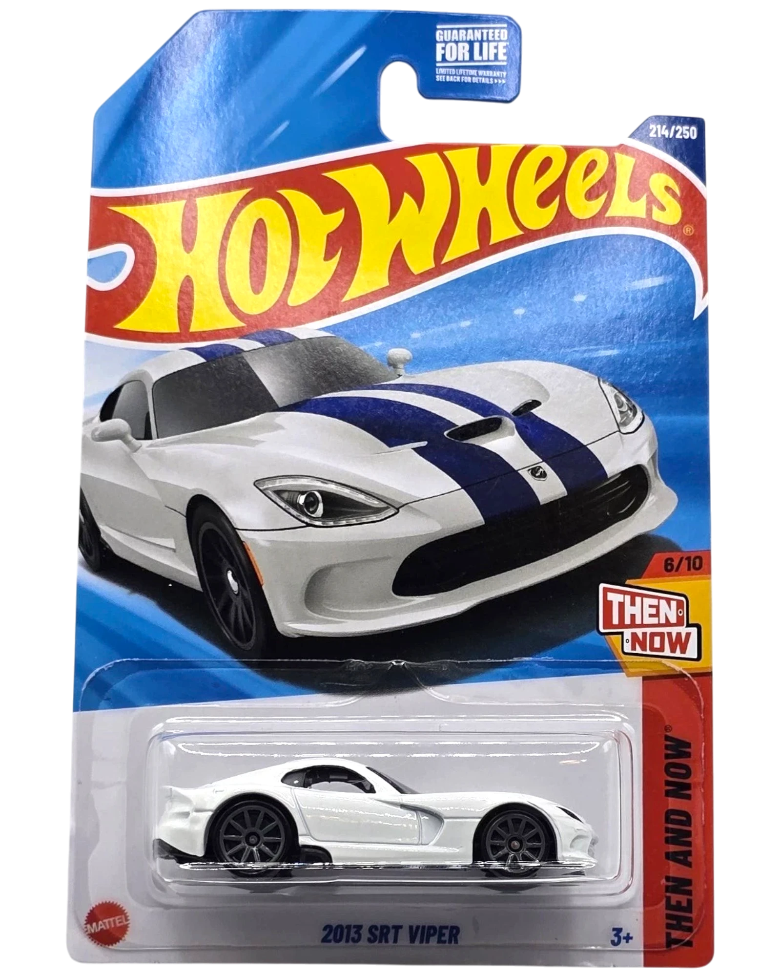 More Than Diecast 2013 SRT Viper Hot Wheels diecast car, white with blue racing stripes.