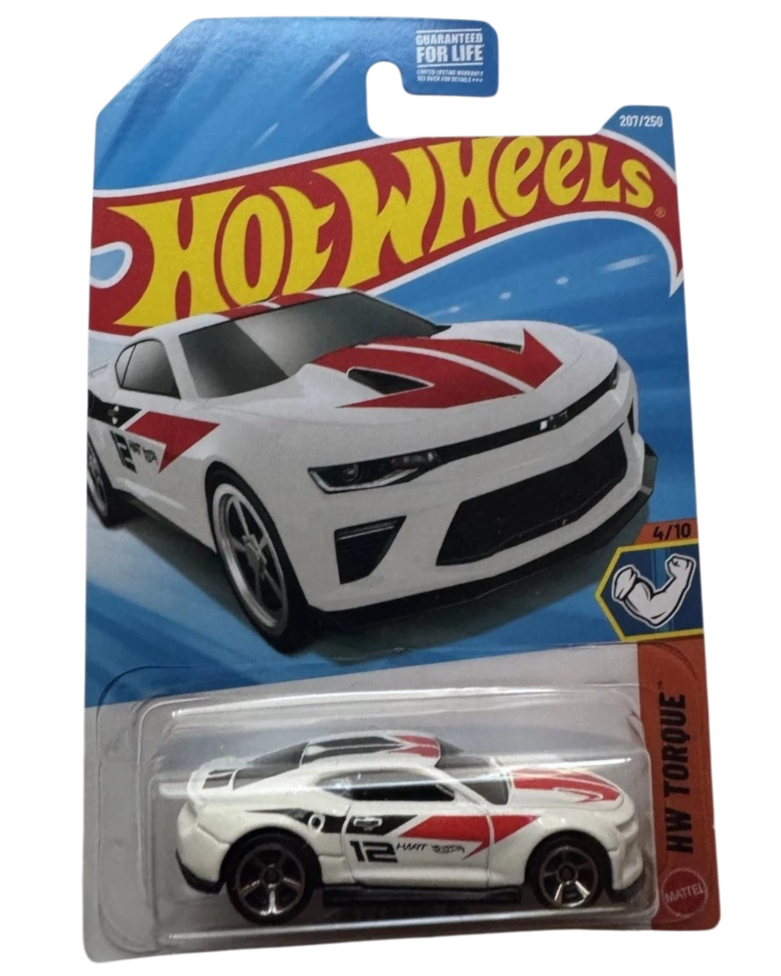 More Than Diecast 2018 Chevrolet Camaro SS Hot Wheels die-cast car in white with red racing stripes in original packaging