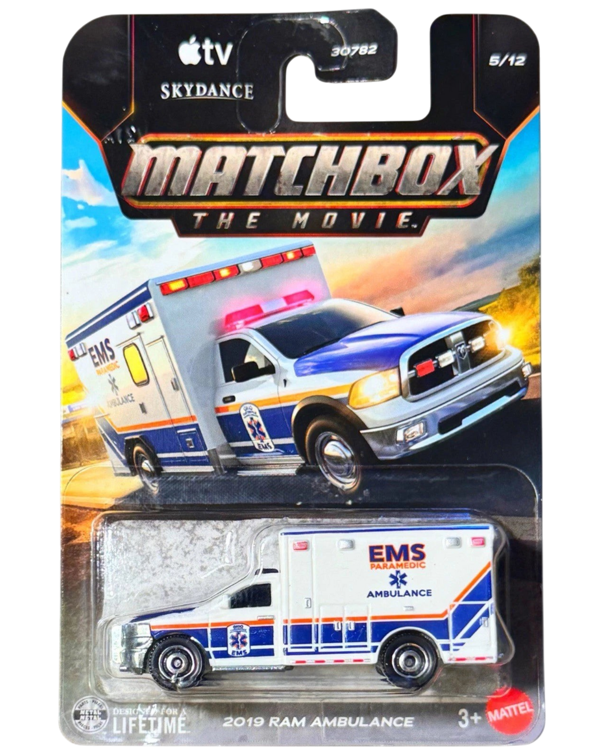 More Than Diecast 1:64 scale 2019 RAM Ambulance from the Matchbox The Movie series in white and blue EMS livery.