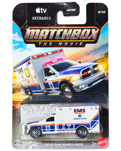 More Than Diecast 1:64 scale 2019 RAM Ambulance from the Matchbox The Movie series in white and blue EMS livery.