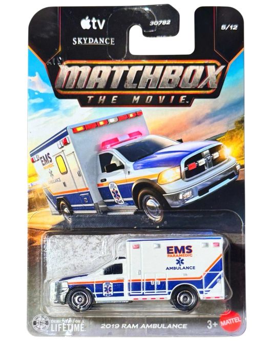 More Than Diecast 1:64 scale 2019 RAM Ambulance from the Matchbox The Movie series in white and blue EMS livery.