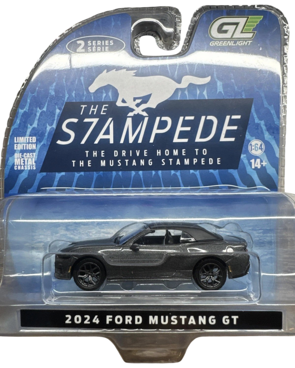 More Than Diecast 2024 Ford Mustang GT 5.0 convertible model car in dark grey, part of The Mustang Stampede Series 2.