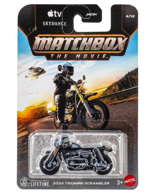 More Than Diecast 1:64 scale 2024 Triumph Scrambler die-cast motorcycle in Matchbox The Movie packaging