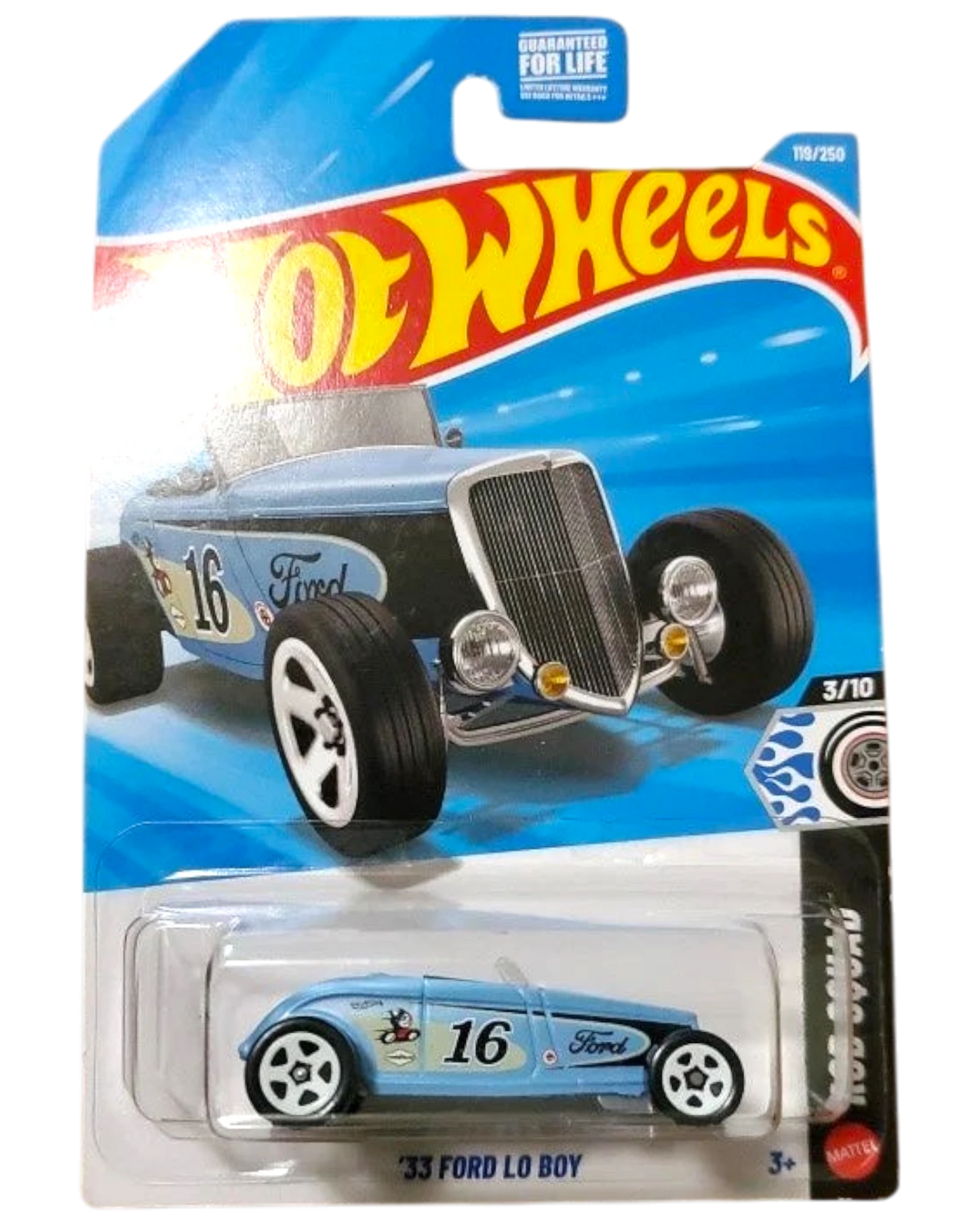 More Than Diecast Hot Wheels 33 Ford Lo Boy blue die-cast car in original blister pack packaging