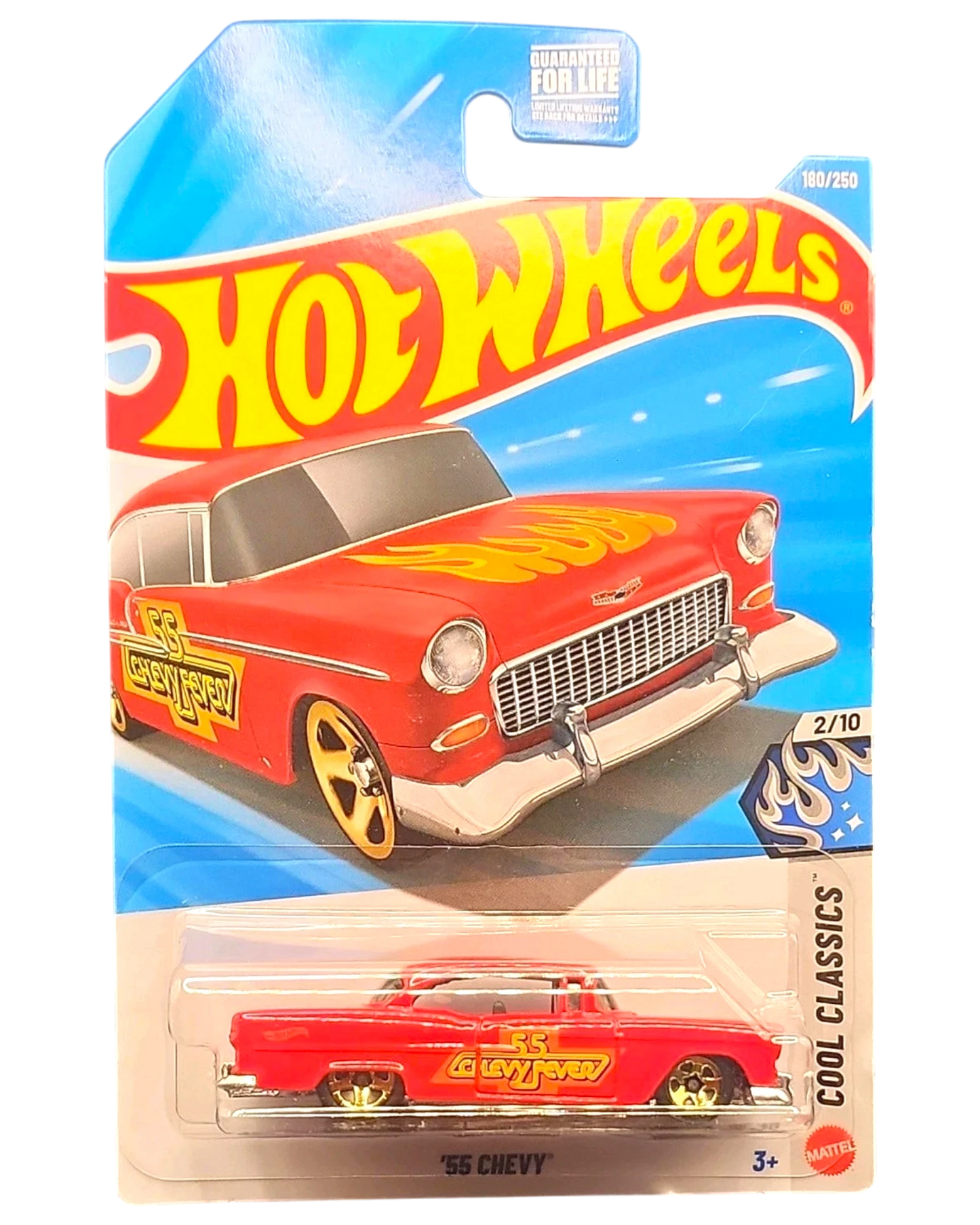 More Than Diecast Hot Wheels 55 Chevy die-cast car in red with yellow flame decals and gold wheels in blister pack
