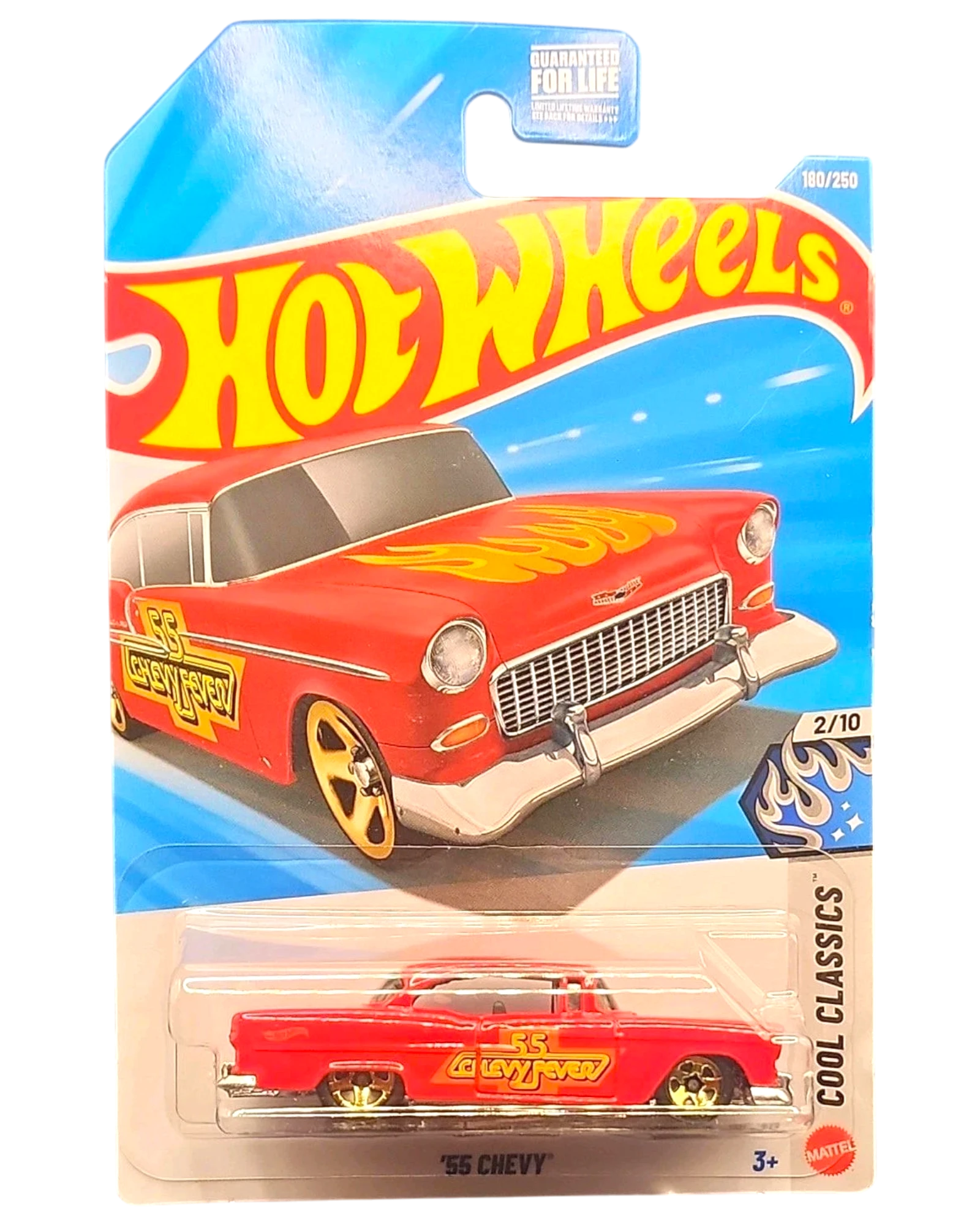 More Than Diecast Hot Wheels 55 Chevy die-cast car in red with yellow flame decals and gold wheels in blister pack