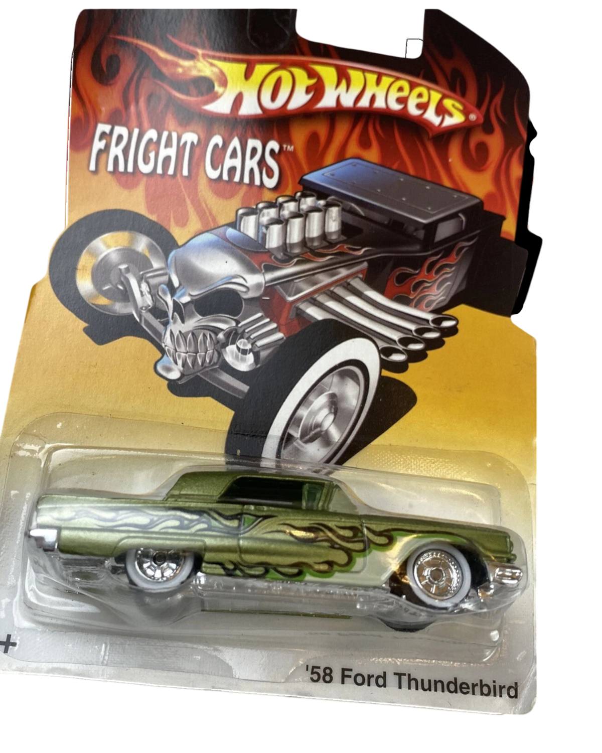 More Than Diecast Hot Wheels 58 Ford Thunderbird in green with flame decals and Real Rider wheels in blister pack