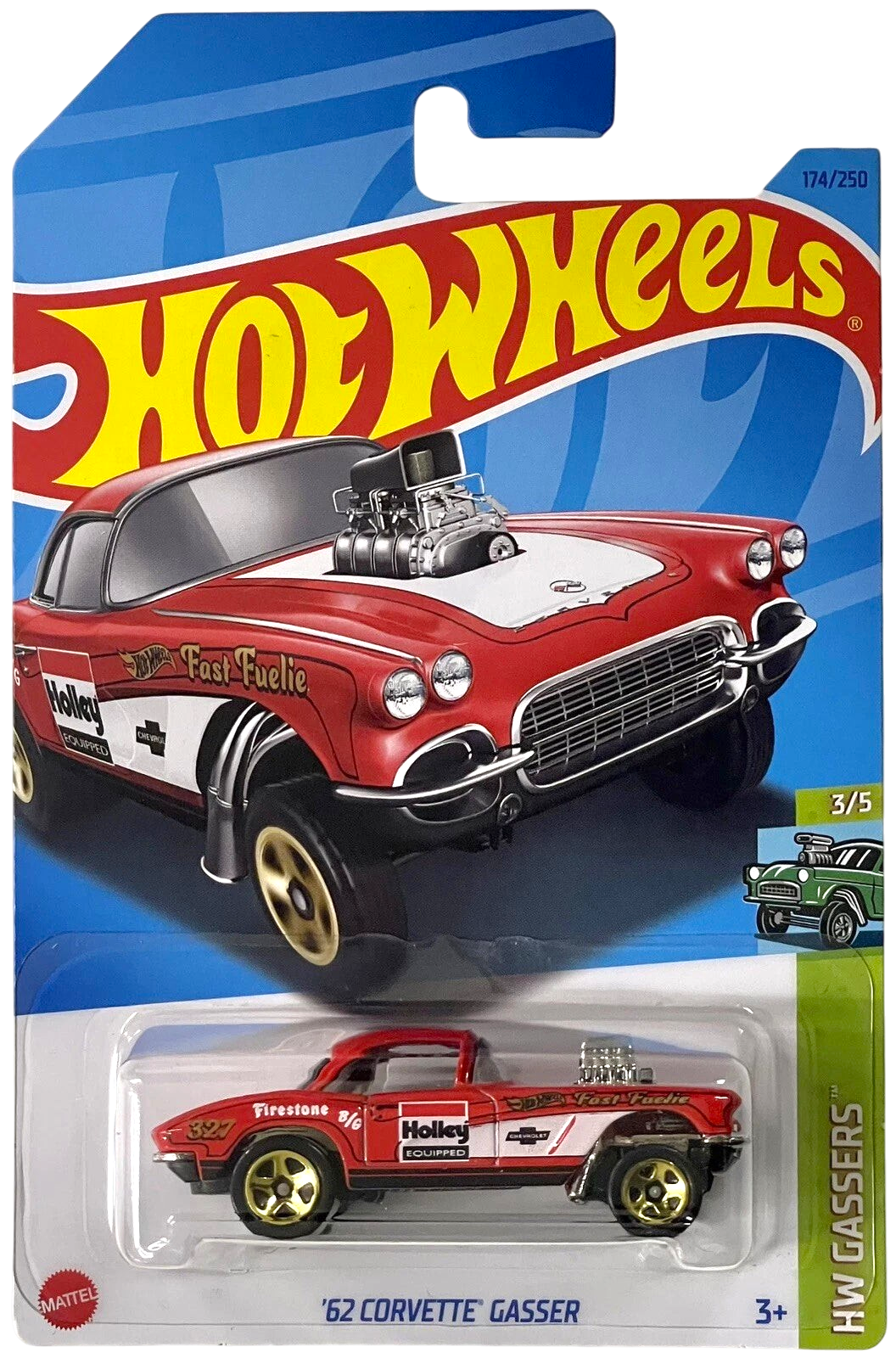 More Than Diecast 2023 Hot Wheels 62 Corvette Gasser die-cast car in red with white hood and racing graphics