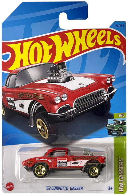 More Than Diecast 2023 Hot Wheels 62 Corvette Gasser die-cast car in red with white hood and racing graphics