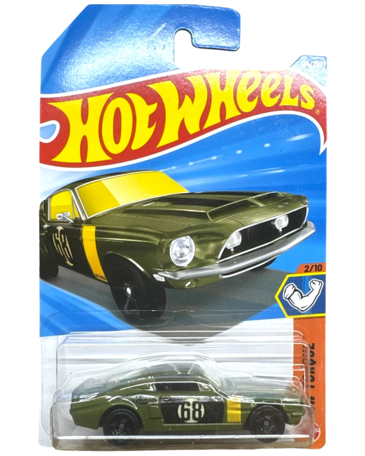 More Than Diecast 2026 Hot Wheels 68 Shelby GT500 diecast car in olive green with yellow racing stripes