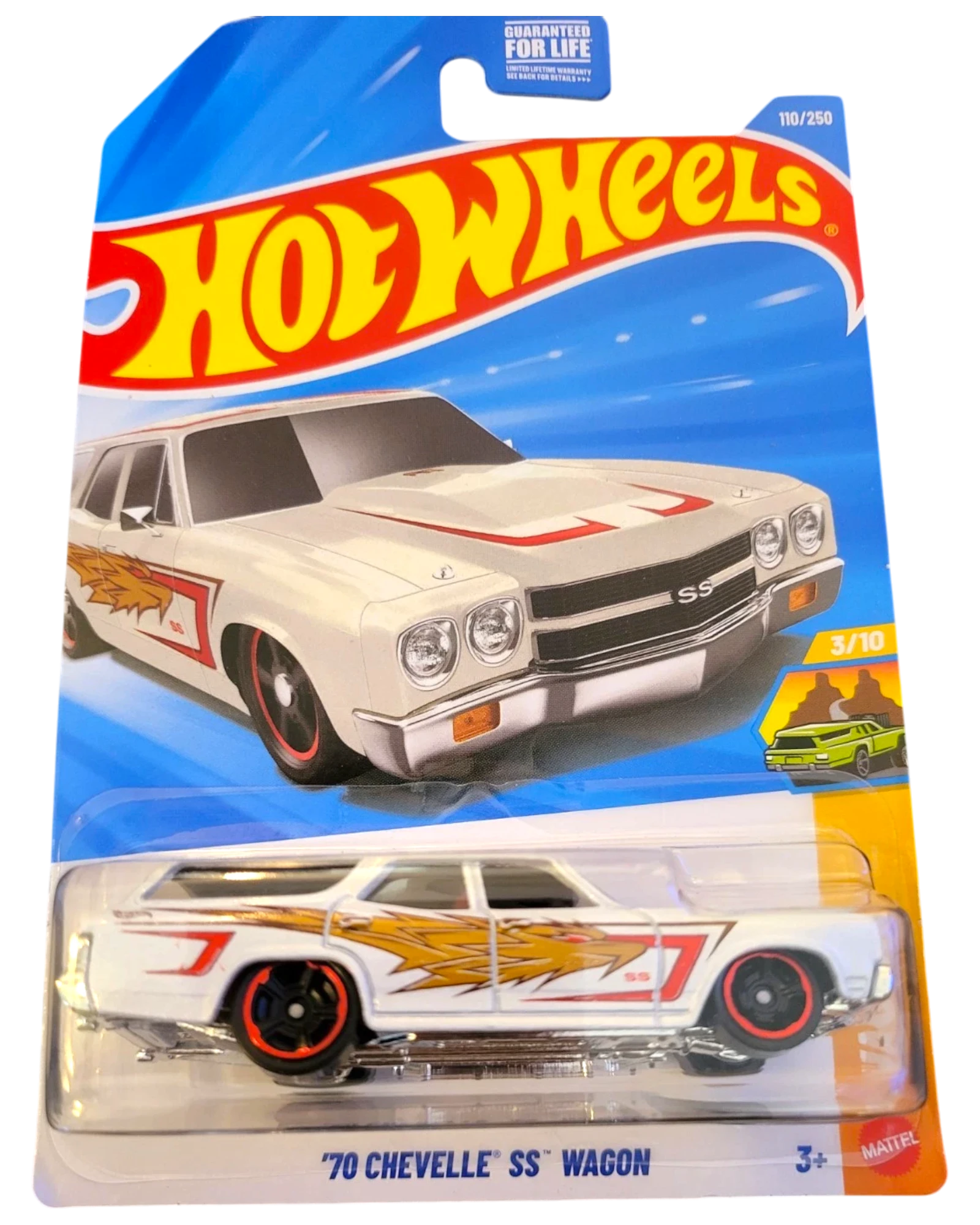 More Than Diecast Hot Wheels '70 Chevelle SS Wagon 1:64 scale die-cast model car, white with orange and gold dragon graphics.