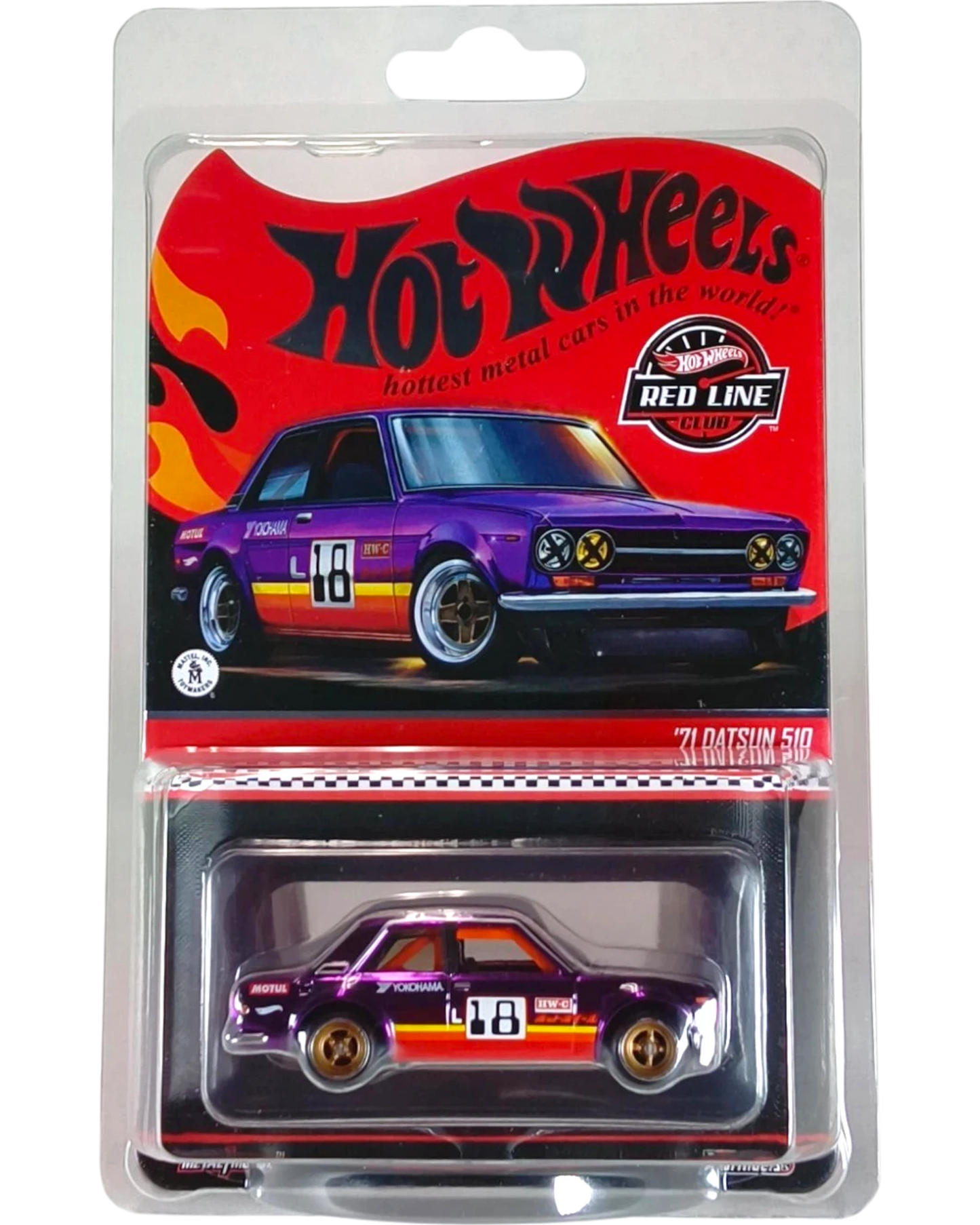 More Than Diecast 71 Datsun 510 Hot Wheels Red Line Club diecast car in purple with racing stripes and number 18.