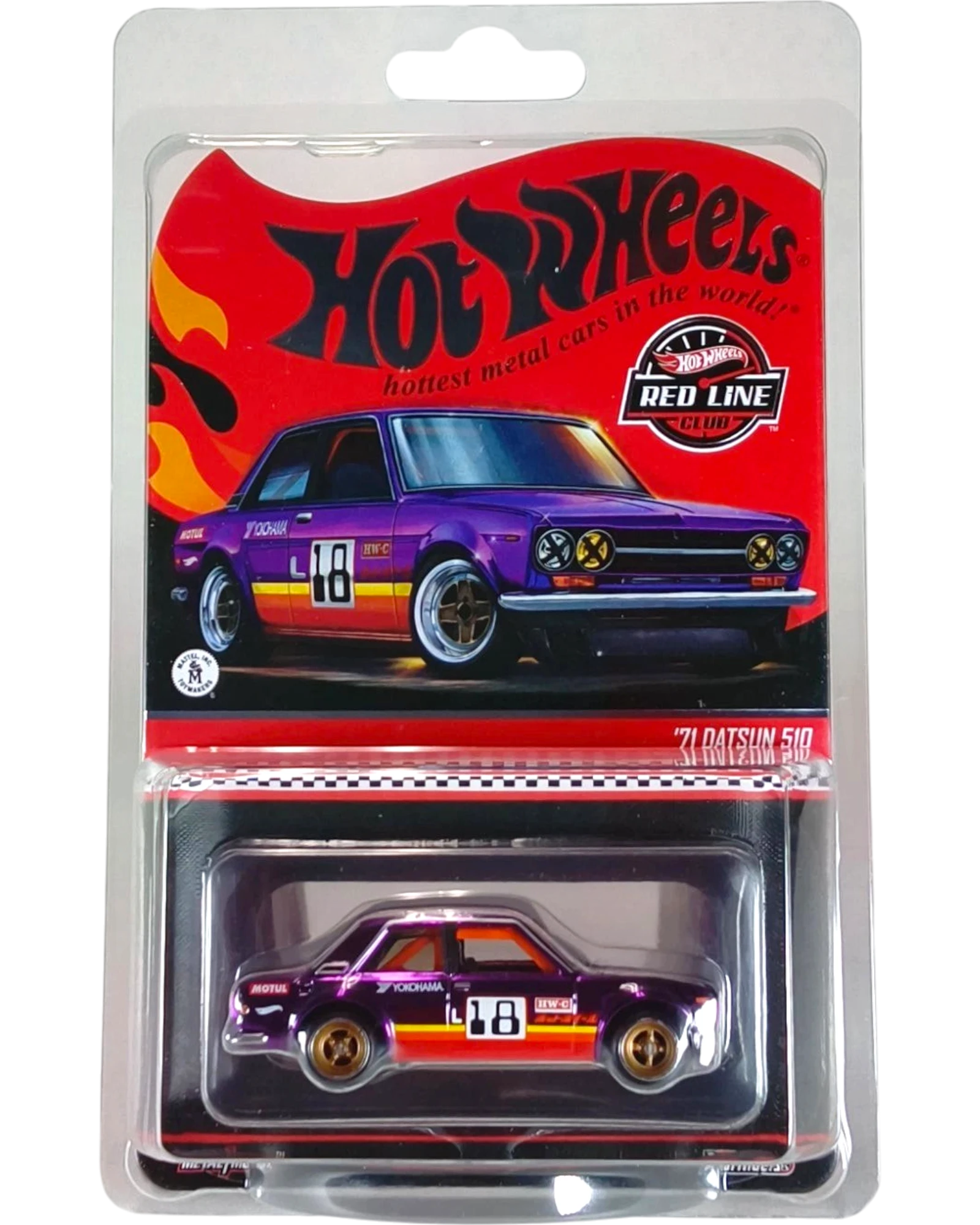 More Than Diecast 71 Datsun 510 Hot Wheels Red Line Club diecast car in purple with racing stripes and number 18.