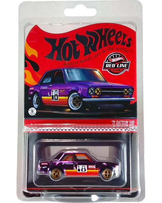 More Than Diecast 71 Datsun 510 Hot Wheels Red Line Club diecast car in purple with racing stripes and number 18.