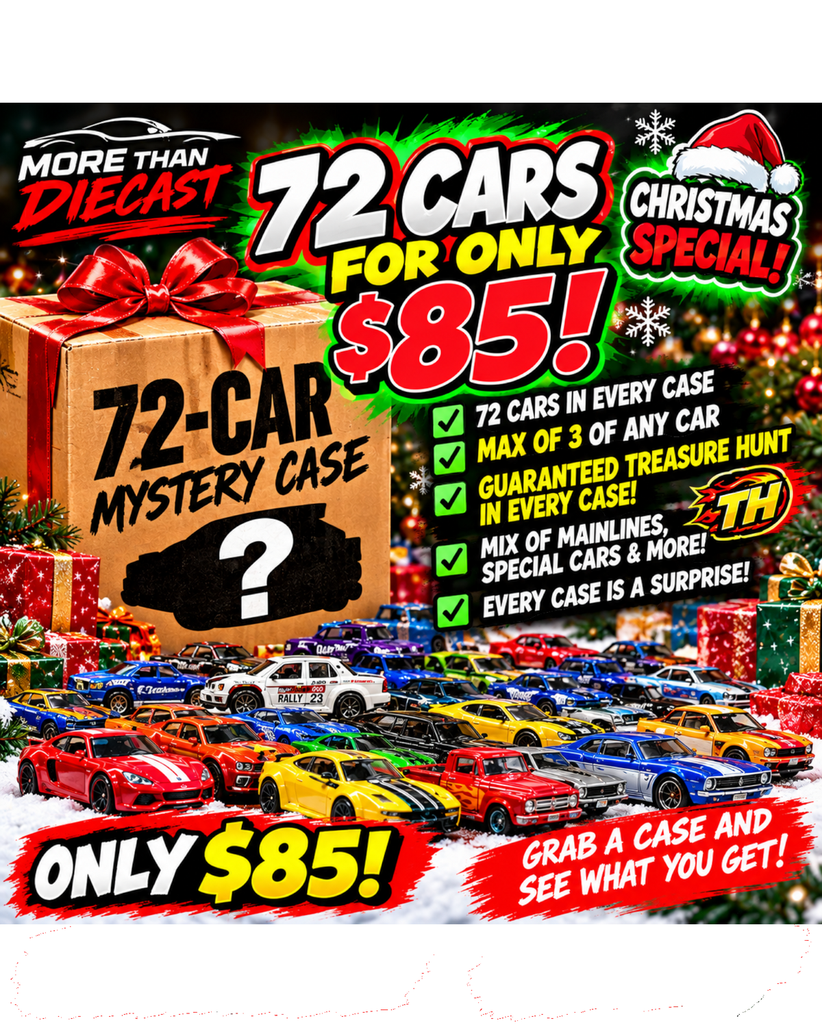 More Than Diecast 72-car mystery grab bag case featuring a festive Christmas gift box and assorted die-cast toy cars.