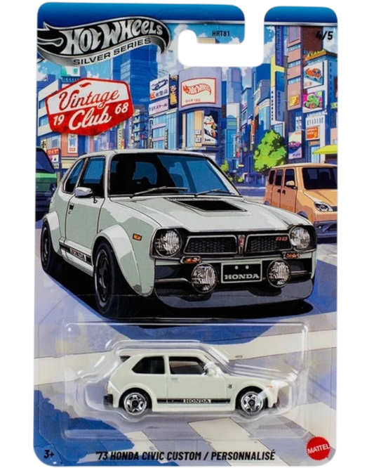 More Than Diecast Hot Wheels 73 Honda Civic Custom die-cast car in silver with racing decals on display card