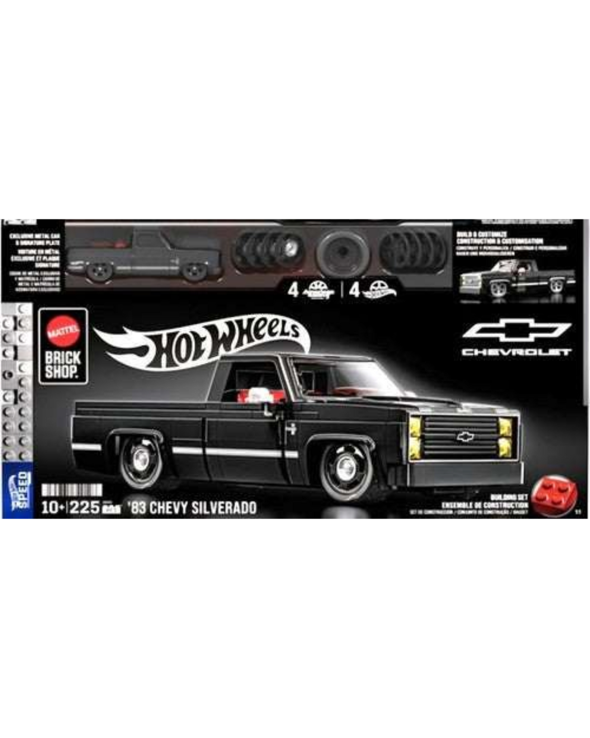 More Than Diecast Mattel Brick Shop 83 Chevy Silverado black building set in packaging with truck and spare wheels