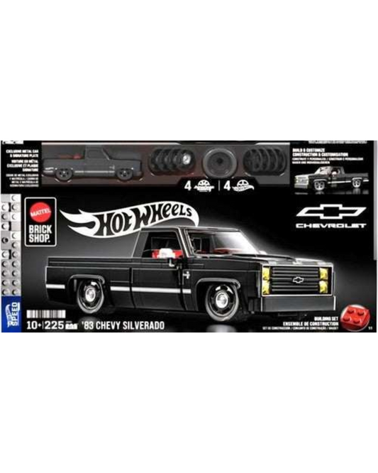 More Than Diecast Mattel Brick Shop 83 Chevy Silverado black building set in packaging with truck and spare wheels