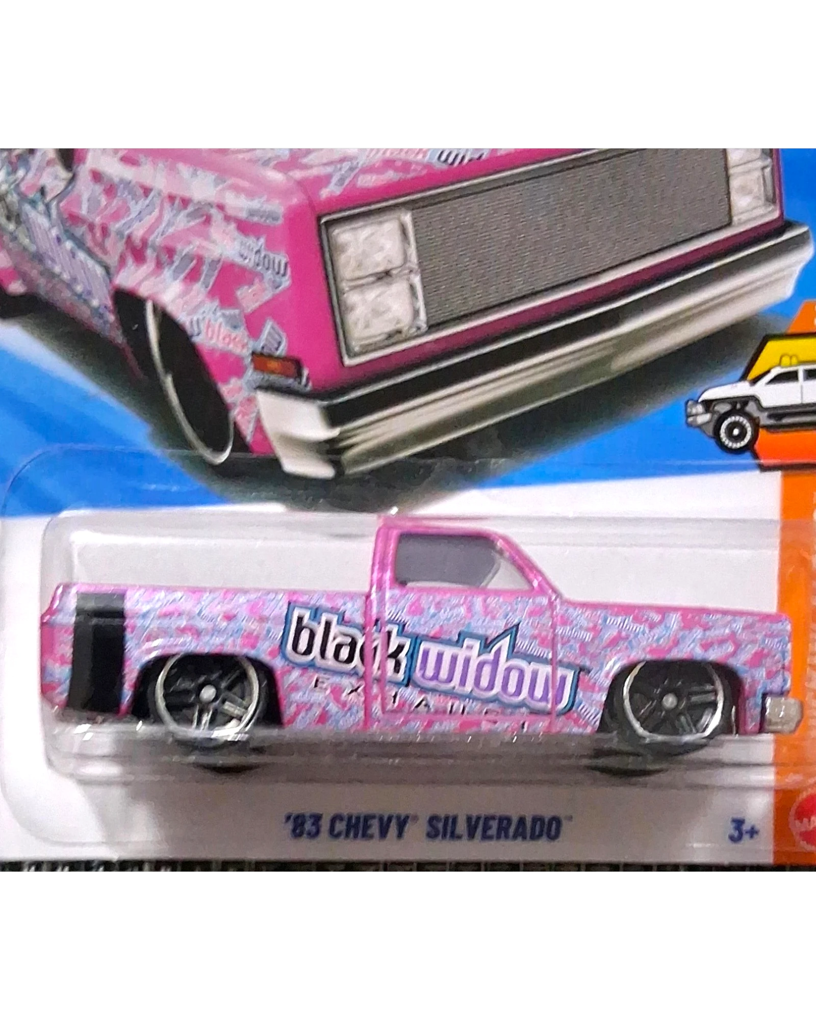More Than Diecast Hot Wheels 83 Chevy Silverado Black Widow pink die-cast truck in original blister packaging