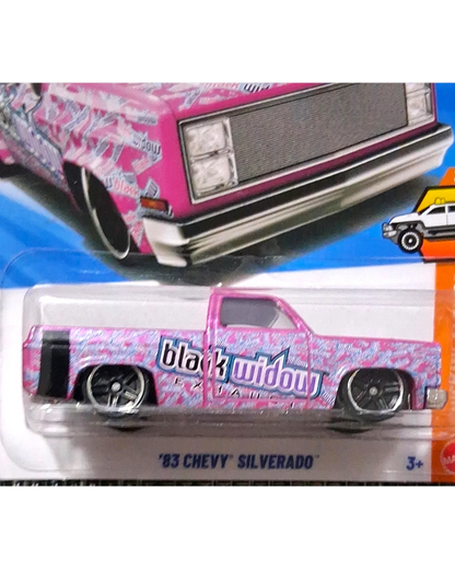 More Than Diecast Hot Wheels 83 Chevy Silverado Black Widow pink die-cast truck in original blister packaging