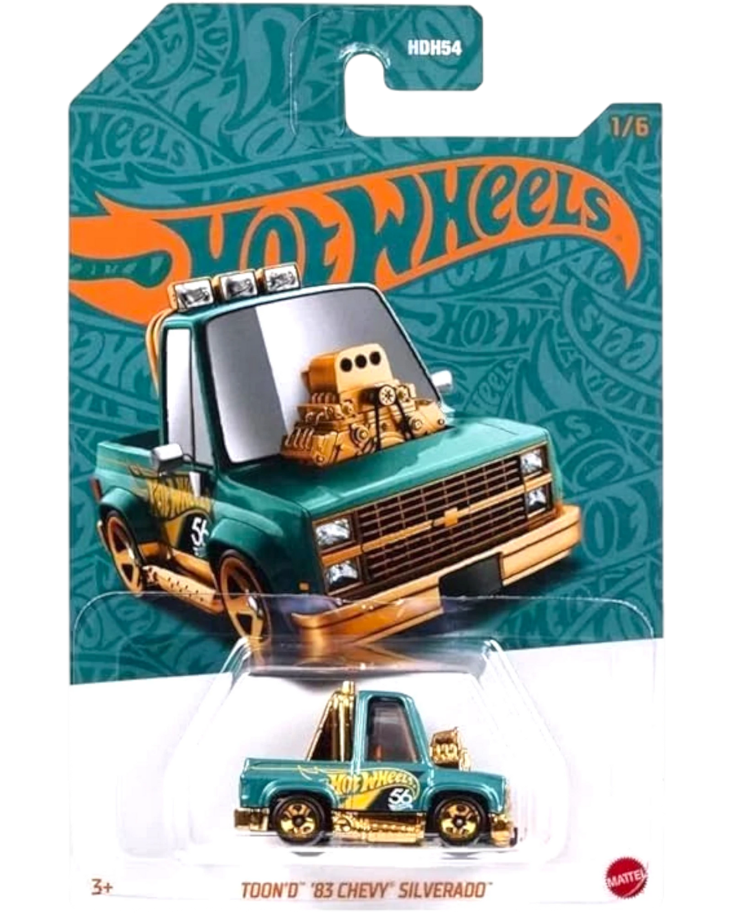 More Than Diecast 1:64 scale model of a teal 1983 Chevy Silverado with gold accents and a large gold engine.