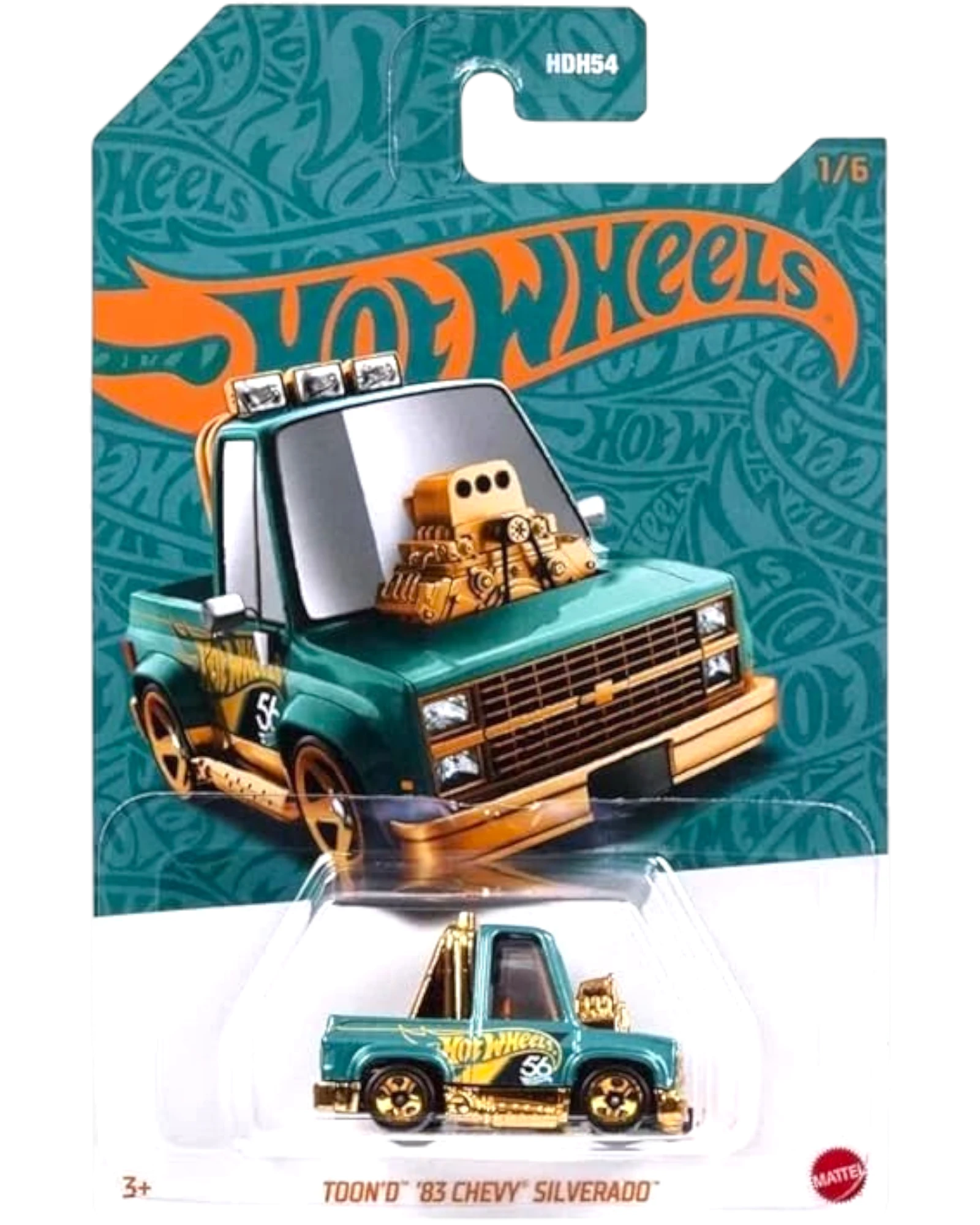 More Than Diecast 1:64 scale model of a teal 1983 Chevy Silverado with gold accents and a large gold engine.