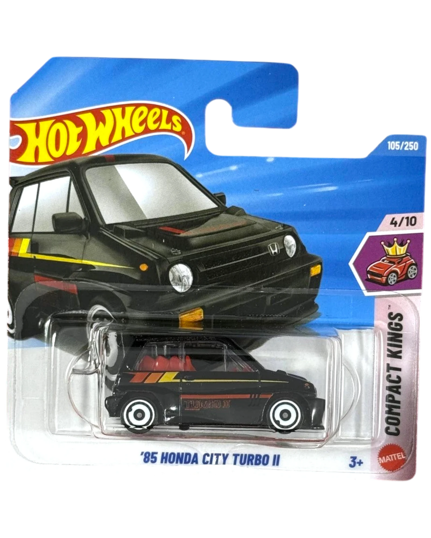 More Than Diecast 85 Honda City Turbo II Hot Wheels diecast car, black with yellow and red racing stripes.