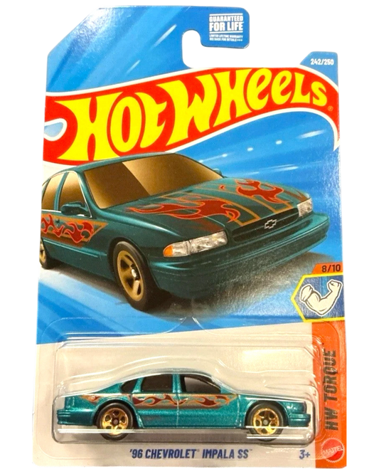 More Than Diecast 2026 Hot Wheels 96 Chevrolet Impala SS die-cast car in teal with red flame graphics
