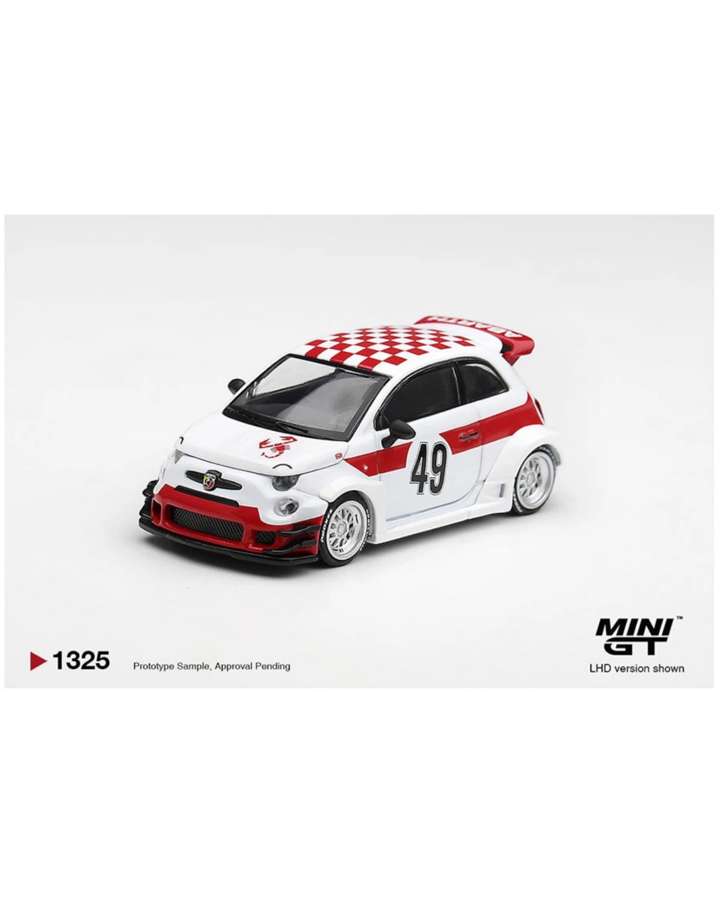 More Than Diecast Mini GT Abarth 595 LB-Works 1000 TC tribute diecast car in white with red racing livery and widebody.