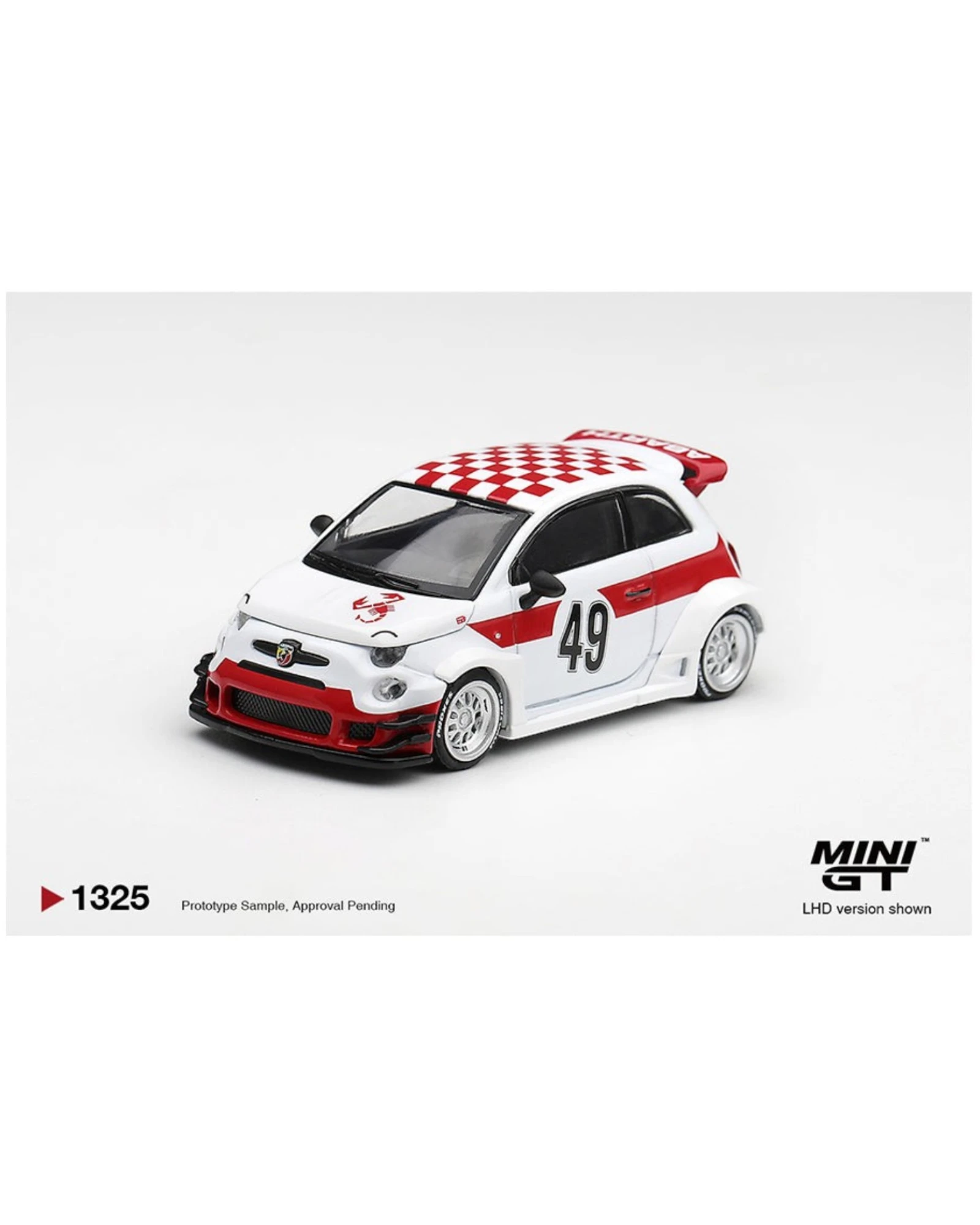 More Than Diecast Mini GT Abarth 595 LB-Works 1000 TC tribute diecast car in white with red racing livery and widebody.