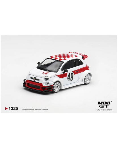 More Than Diecast Mini GT Abarth 595 LB-Works 1000 TC tribute diecast car in white with red racing livery and widebody.