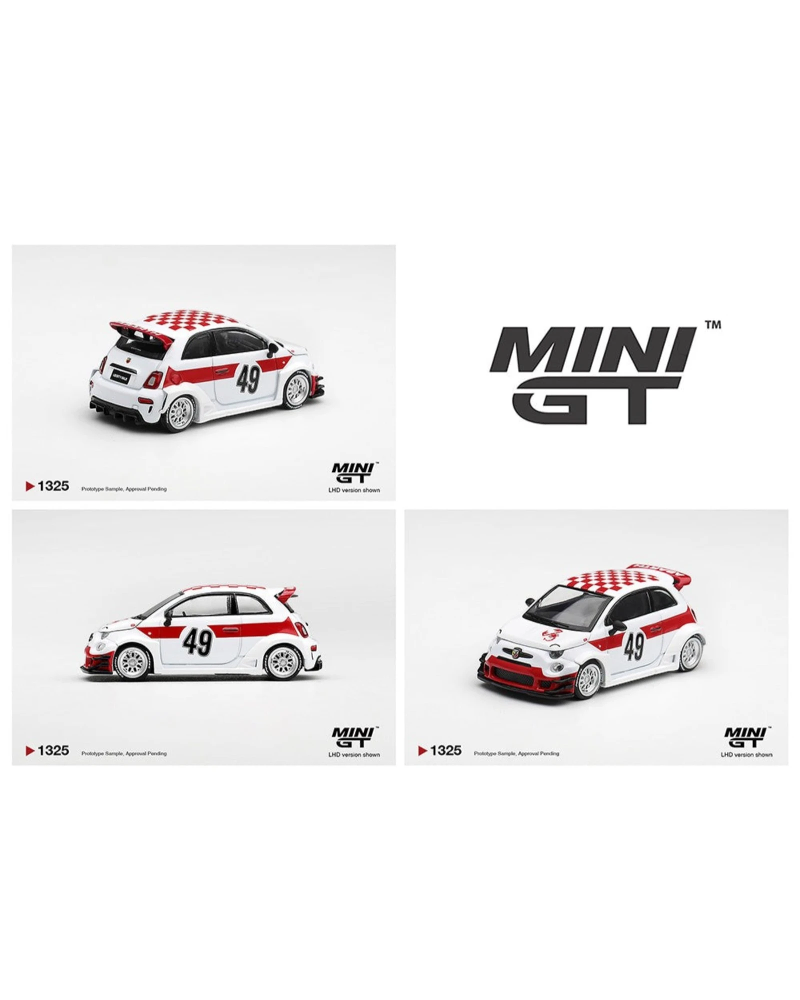 More Than Diecast Mini GT 1:64 Abarth 595 LB-Works x Abas Works 1000 TC tribute diecast car in white with red livery.