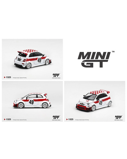 More Than Diecast Mini GT 1:64 Abarth 595 LB-Works x Abas Works 1000 TC tribute diecast car in white with red livery.