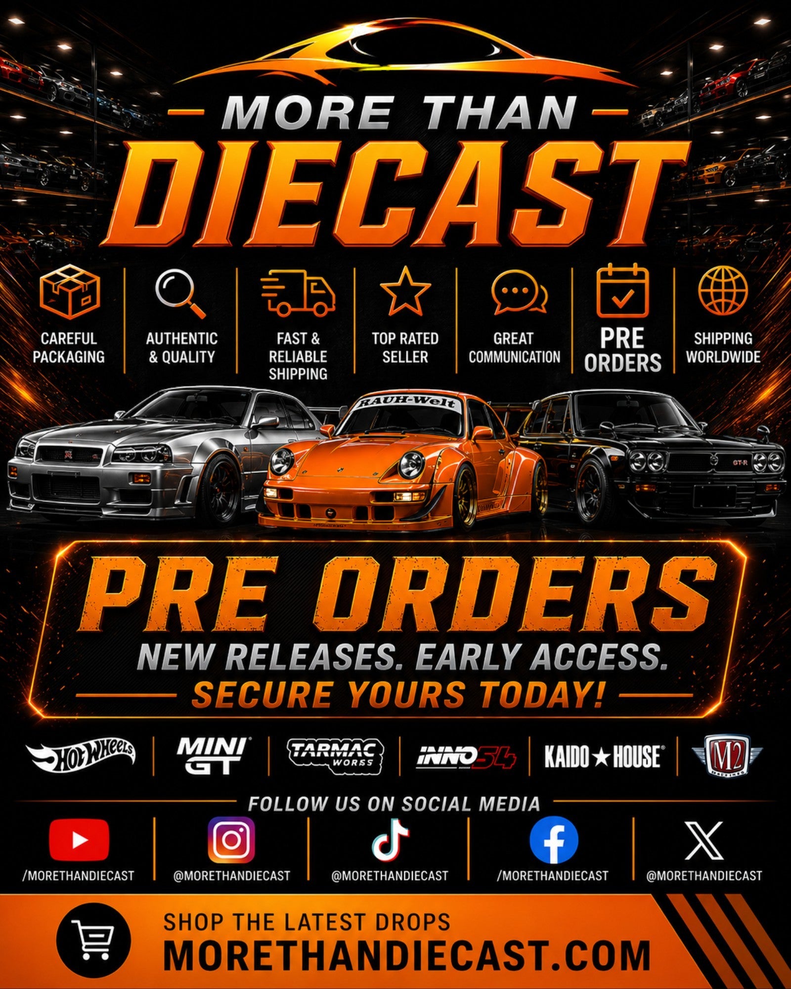 More Than Diecast advertisement featuring three diecast cars: silver Nissan GT-R, orange Porsche 911, and black Datsun 240Z. Text promotes pre-orders and new releases.