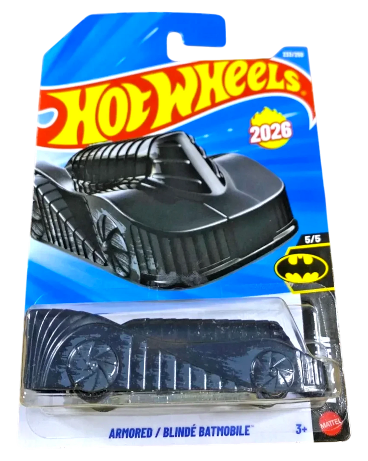 More Than Diecast 2026 Hot Wheels Armored Batmobile 1:64 scale die-cast car in black on a DC Batman long card