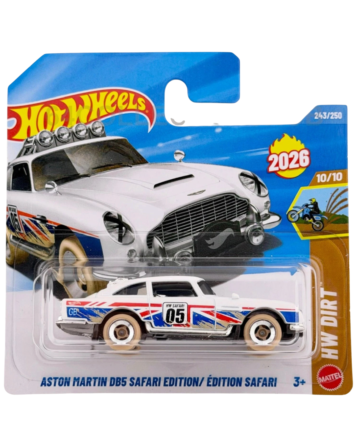 More Than Diecast Hot Wheels Aston Martin DB5 Safari Edition die-cast car in white with off-road racing graphics
