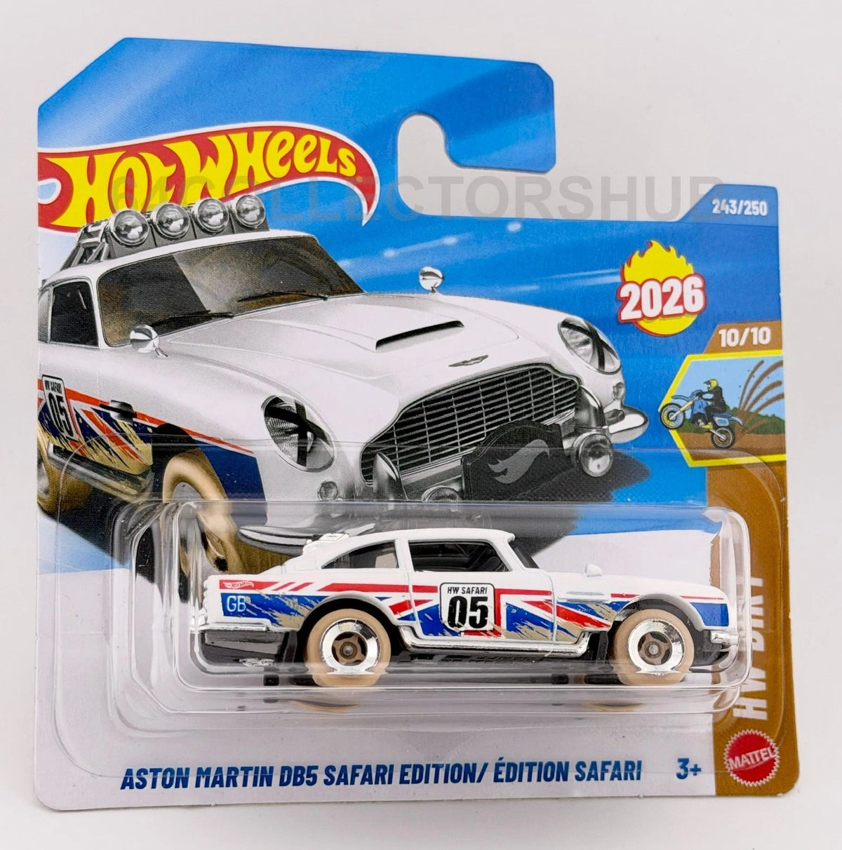 More Than Diecast Hot Wheels Aston Martin DB5 Safari Edition die-cast car in white with off-road racing graphics