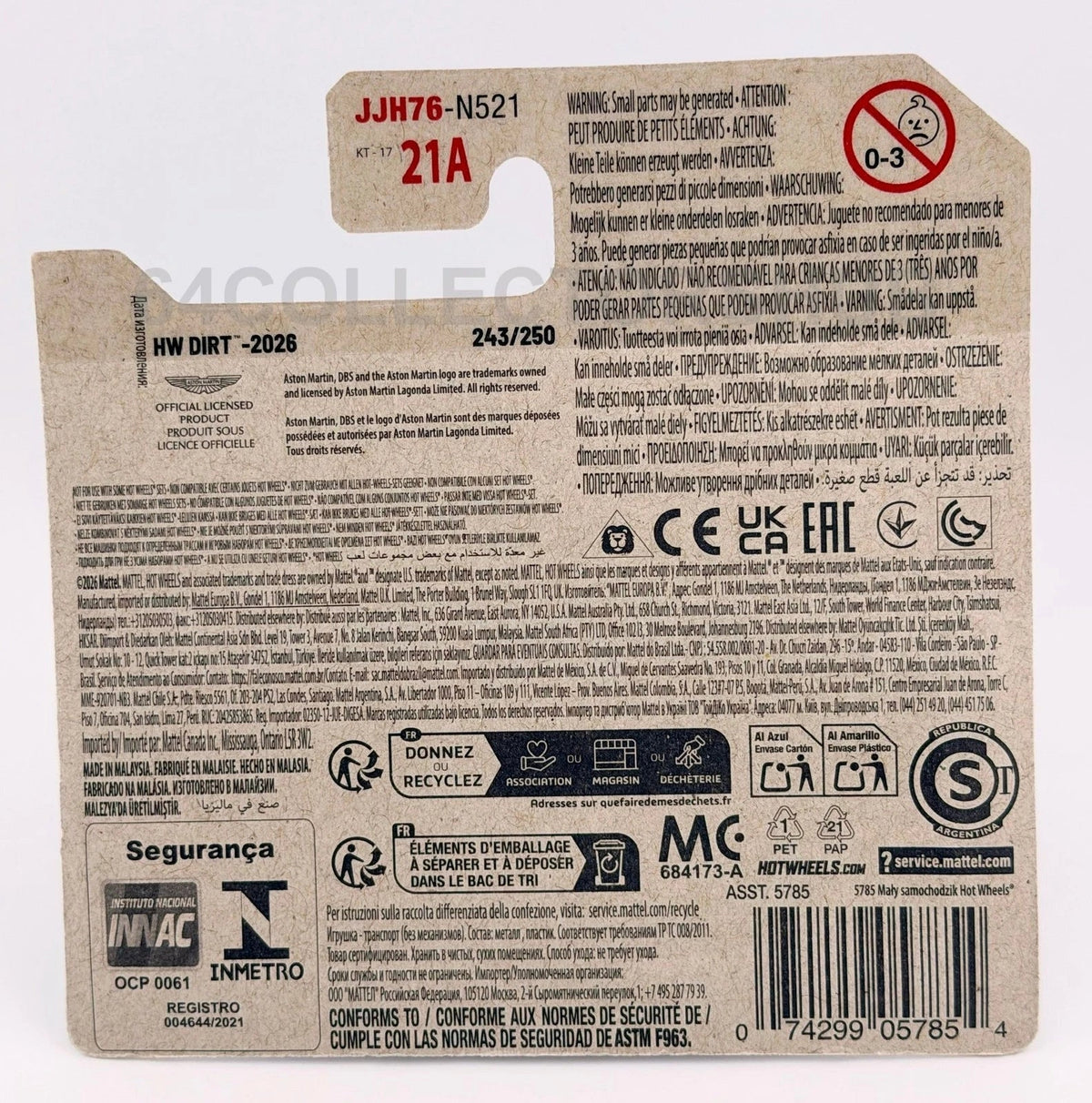 More Than Diecast Hot Wheels Aston Martin DB5 Safari Edition packaging back with product details and safety warnings