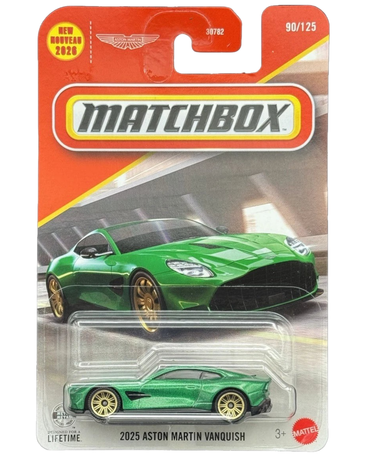 More Than Diecast 2025 Aston Martin Vanquish in green, a 1:64 scale Matchbox die-cast car in original packaging.