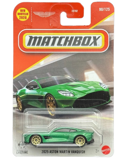 More Than Diecast 2025 Aston Martin Vanquish in green, a 1:64 scale Matchbox die-cast car in original packaging.